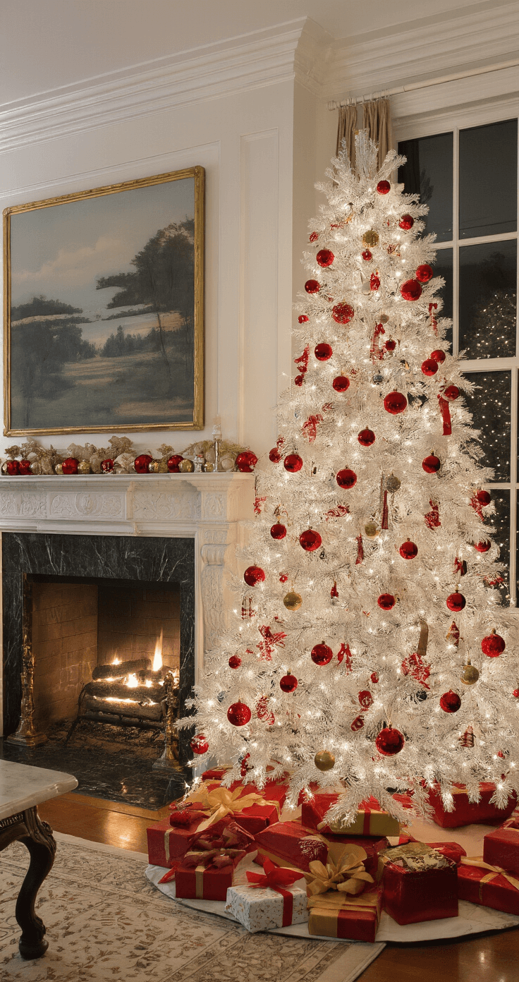 A traditional formal living room features crown molding and a marble fireplace, with an 8ft white Christmas tree adorned with red glass balls and heirloom ornaments. Evening lighting creates a warm ambiance, reflecting off window panes. The view is from the hearth, showcasing the room's decor, including traditional furniture and coordinated red and gold wrapped presents.