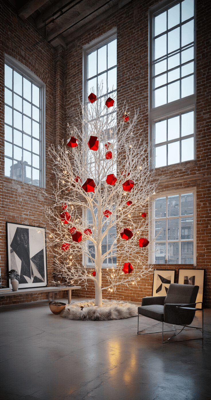 A contemporary loft interior featuring exposed brick walls, industrial windows, and a 7ft white tree adorned with geometric red ornaments and metallic accents, illuminated by warm LED lights and natural blue hour light; minimalist furniture and monochromatic artwork enhance the urban aesthetic.