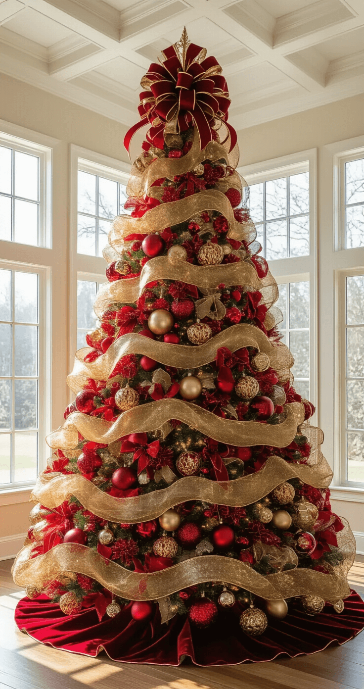 A grand 12-foot Christmas tree in a traditional 20x24ft living room with 14ft coffered ceilings, adorned with a red and gold gradient of ornaments, ribbons, and soft afternoon sunlight filtering through tall windows, captured from a low angle with bokeh effects highlighting metallic surfaces.