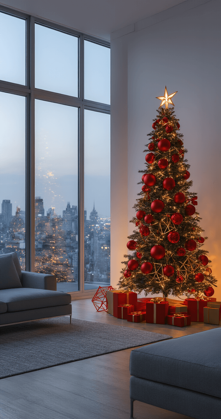 A wide-angle shot of a modern minimalist living space at twilight, featuring a 9ft slim Christmas tree decorated in contemporary style with oversized matte red spheres and geometric gold wire ornaments against a crisp white wall, complemented by monochromatic grey furniture and highlighted with warm LED lighting.