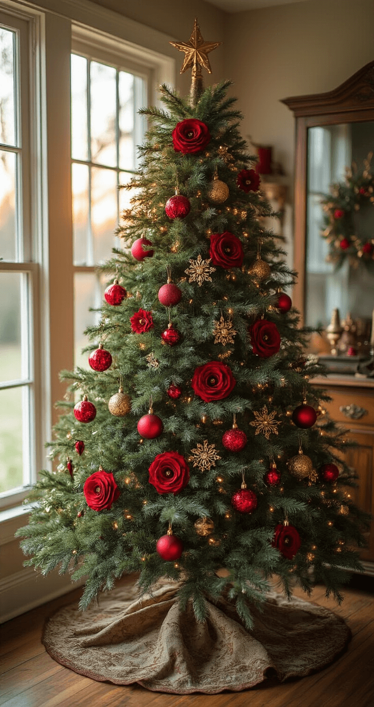 Intimate corner of a 10x12ft room featuring a 7ft flocked Christmas tree, adorned with vintage red glass ornaments and gold filigree, handcrafted crimson ribbon roses, and worn brass accents, captured in golden hour light with a shallow depth of field focusing on ornament details.
