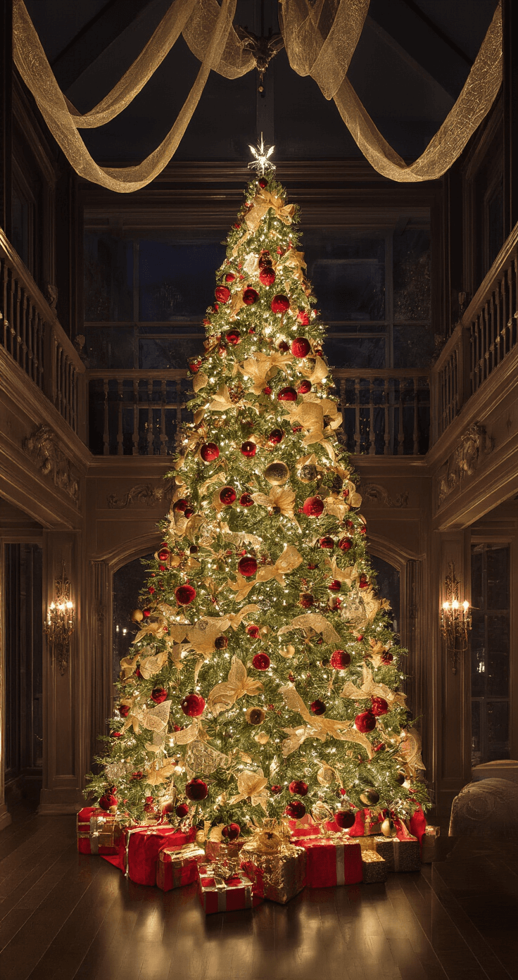 Dramatic night shot of a double-height great room with a 15ft illuminated statement tree, adorned in red and gold baroque ornaments, viewed from the mezzanine level against a dark interior backdrop, highlighting shadows and depth.