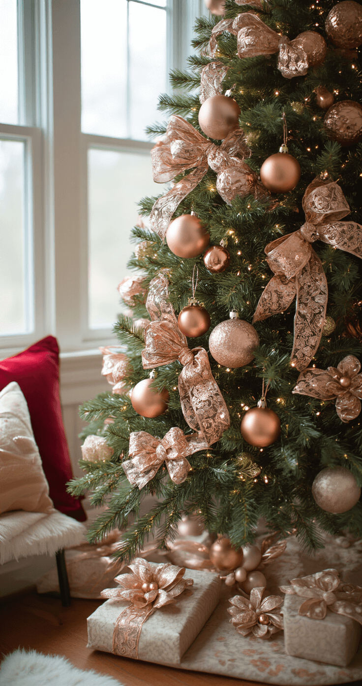 Close-up of a 6ft tree in a cozy apartment nook, adorned with layered ornaments in mixed metallic finishes of rose gold, traditional gold, and copper. Textured deep red velvet and glass ornaments complement intricate ribbon work featuring double-loop bows and spirals, illuminated by natural light with reflectors, showcasing rich detail in a macro perspective.