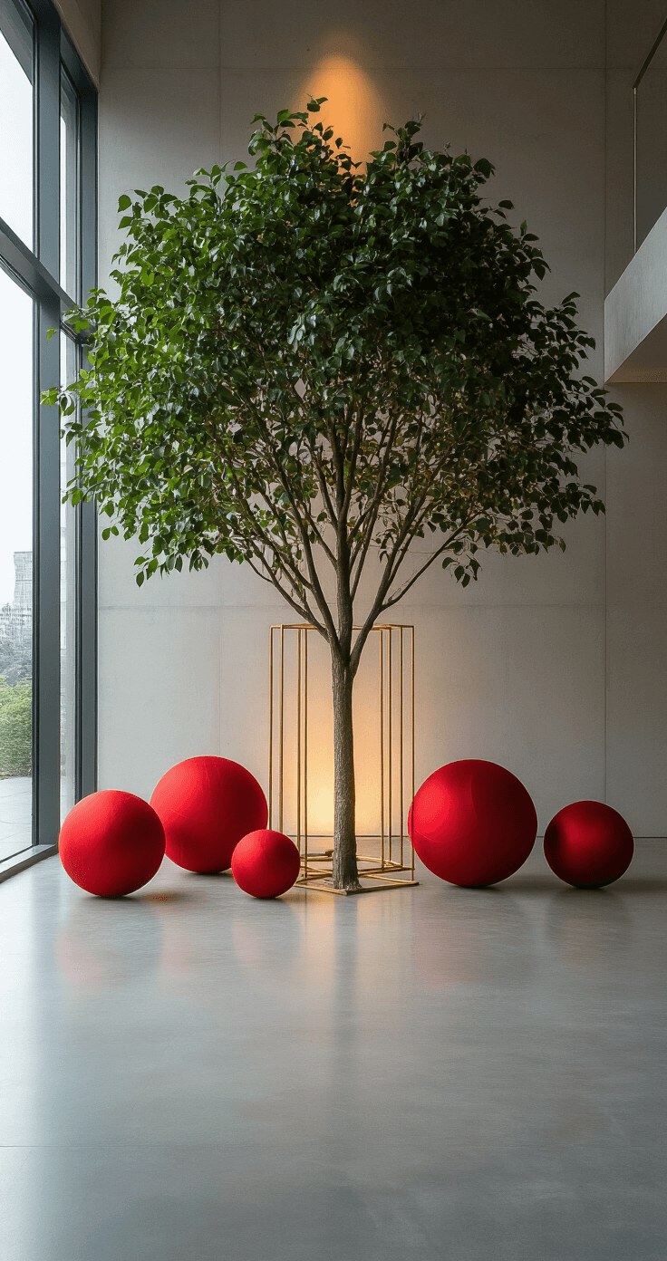 A minimalist studio shot of a 10ft tree in a modern open concept space, featuring large red silk spheres, gold geometric pieces, and structured ribbons, illuminated by cool ambient light and warm spotlighting, highlighting the forms and shadows.