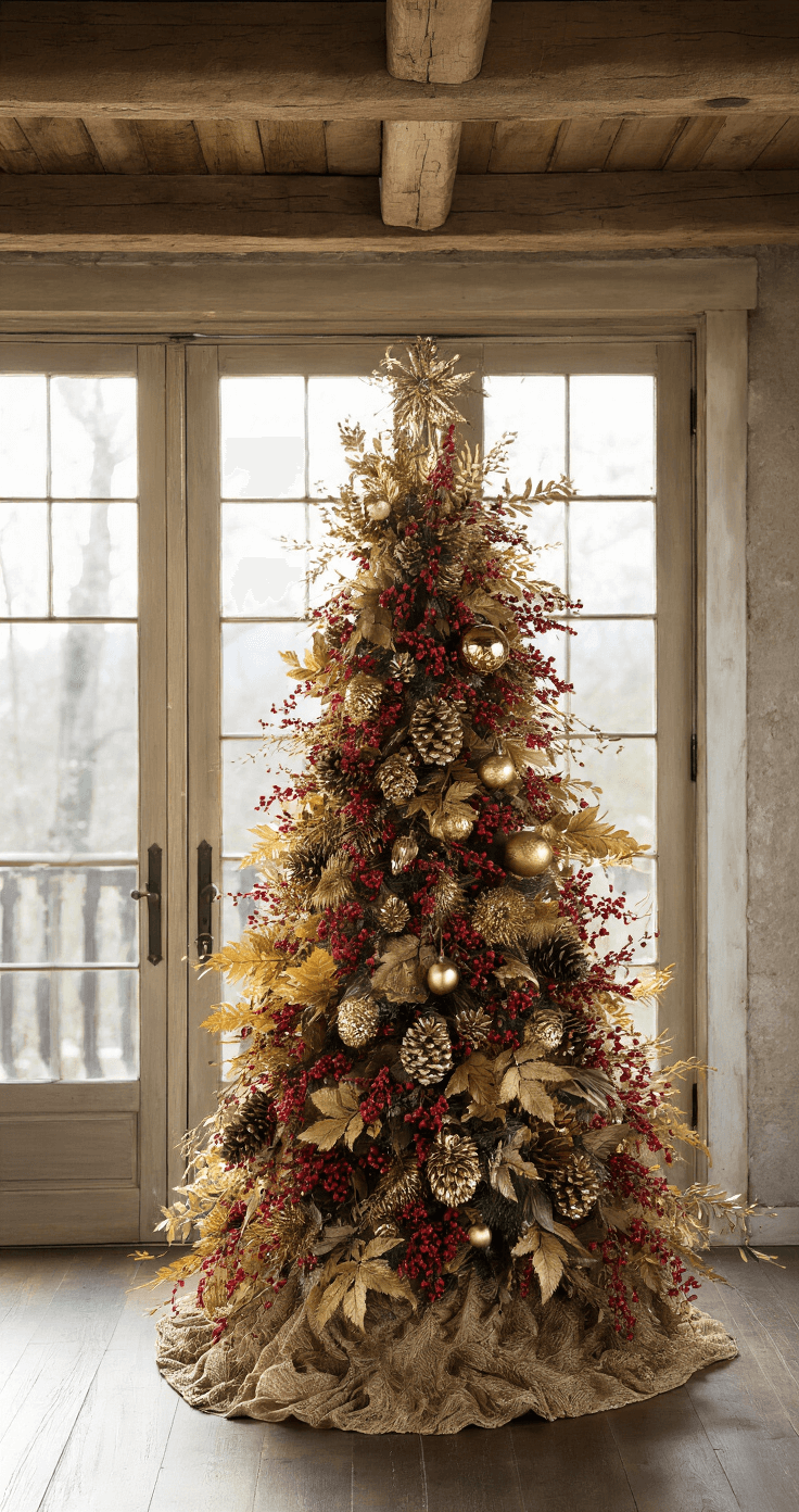 A rustic-luxe room featuring exposed wooden beams and early morning light shining through French doors, showcasing a decorated Christmas tree with red and gold accents, artisanal glass ornaments, and a vintage gold topper, with a soft focus background emphasizing the room's textures.