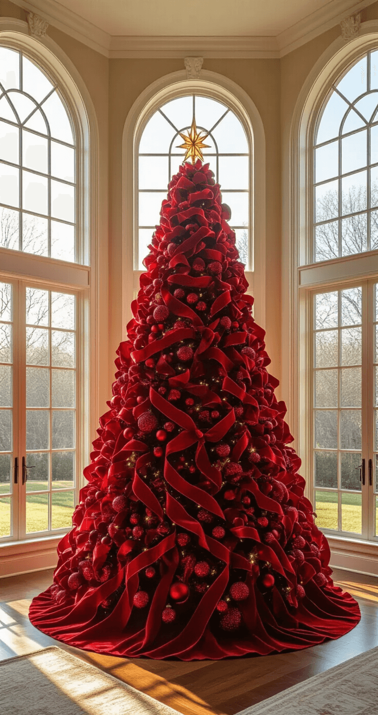 Interior of a spacious living room featuring a grand 9ft red-themed Christmas tree in a corner bay window, illuminated by golden hour sunlight. The scene highlights layers of deep crimson velvet ribbon and a mix of matte and glossy red ornaments, enhanced by warm ambient and professional studio lighting.