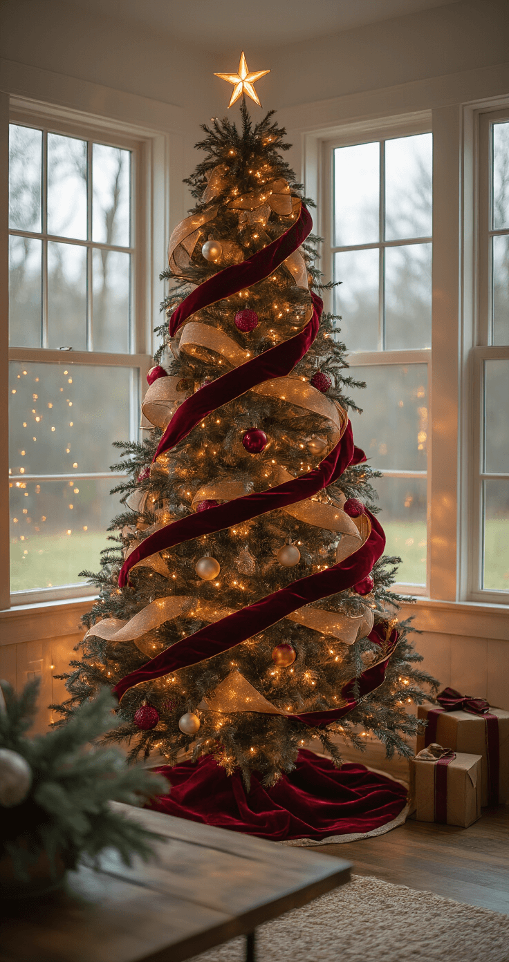Intimate modern farmhouse living space featuring a 7ft Christmas tree adorned with burgundy velvet and metallic copper ribbons, illuminated by warm LED lights in the early evening. The scene captures a cozy glow with dimensional shadows on textured ornaments, shot from a 45-degree angle for artistic effect.