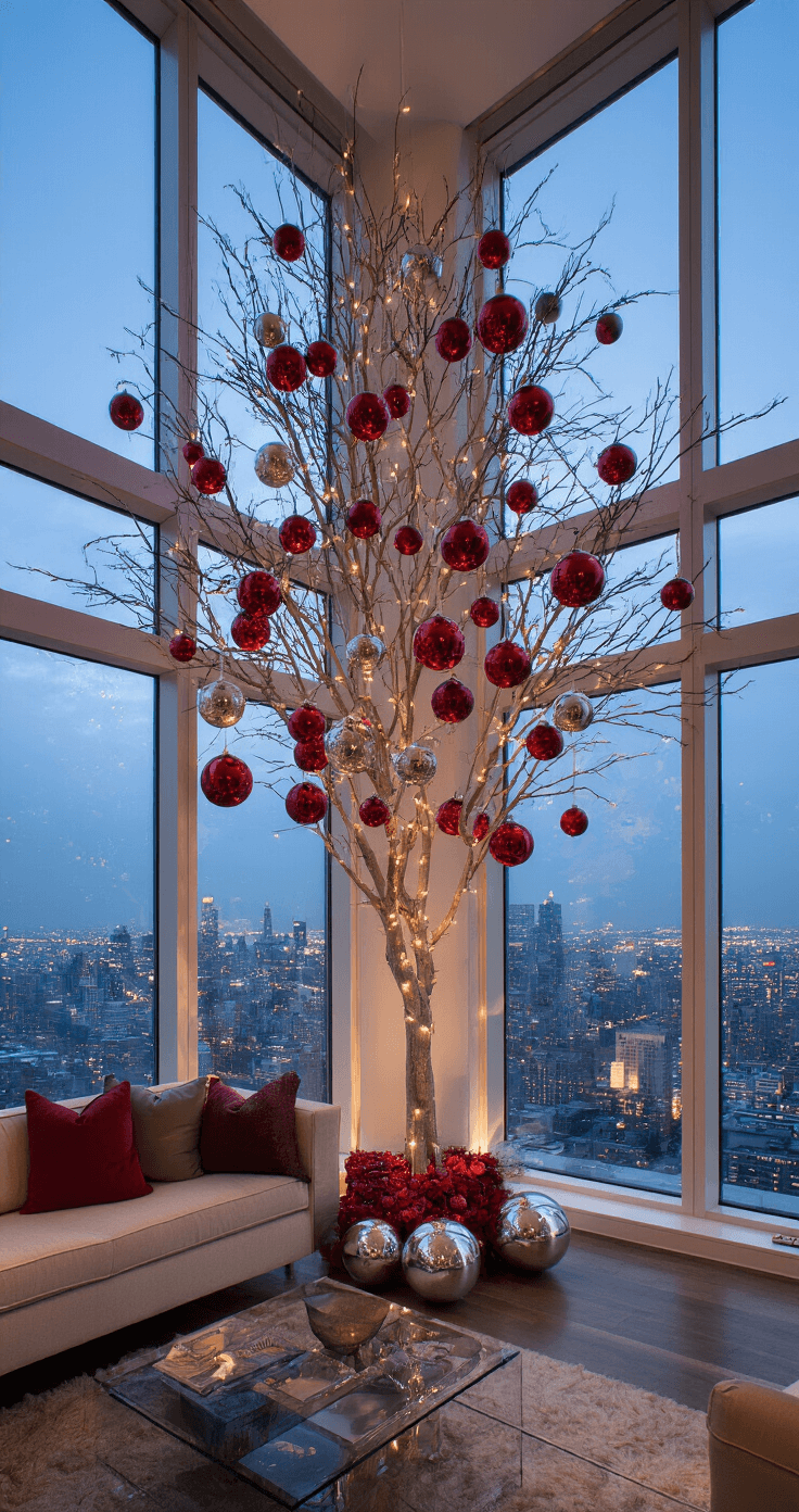 Luxurious penthouse great room featuring a dramatic 10ft slim tree adorned with red ornaments and mercury glass balls, captured from a low-angle perspective with floor-to-ceiling windows showcasing city lights at dusk.