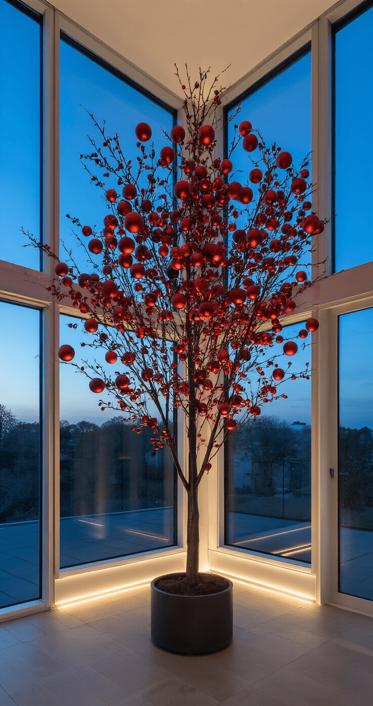 Contemporary open-concept space featuring a 9ft modern tree adorned with a curated collection of matte crimson and metallic copper ornaments, illuminated by twilight blue hour lighting streaming through a wall of windows, with edge lighting highlighting the tree's silhouette against the minimalist decor and modern architecture.