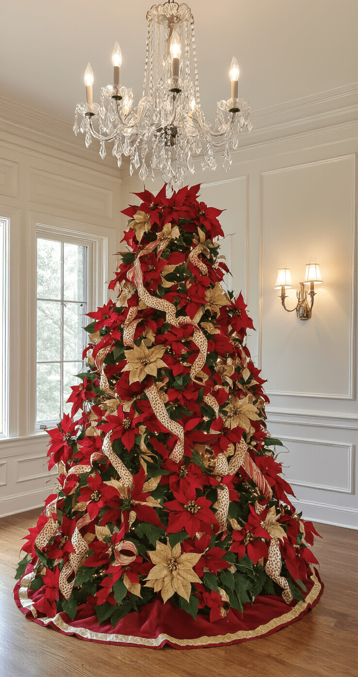 A traditional formal living room with wainscoting and a crystal chandelier, illuminated by late afternoon natural light and warm interior lighting. An 8.5 ft Christmas tree adorned with deep red and gold decorations, oversized poinsettias, and cascading ribbons takes center stage. The composition features a Dutch angle that highlights diagonal lines, with professional lighting accentuating key decorative elements.