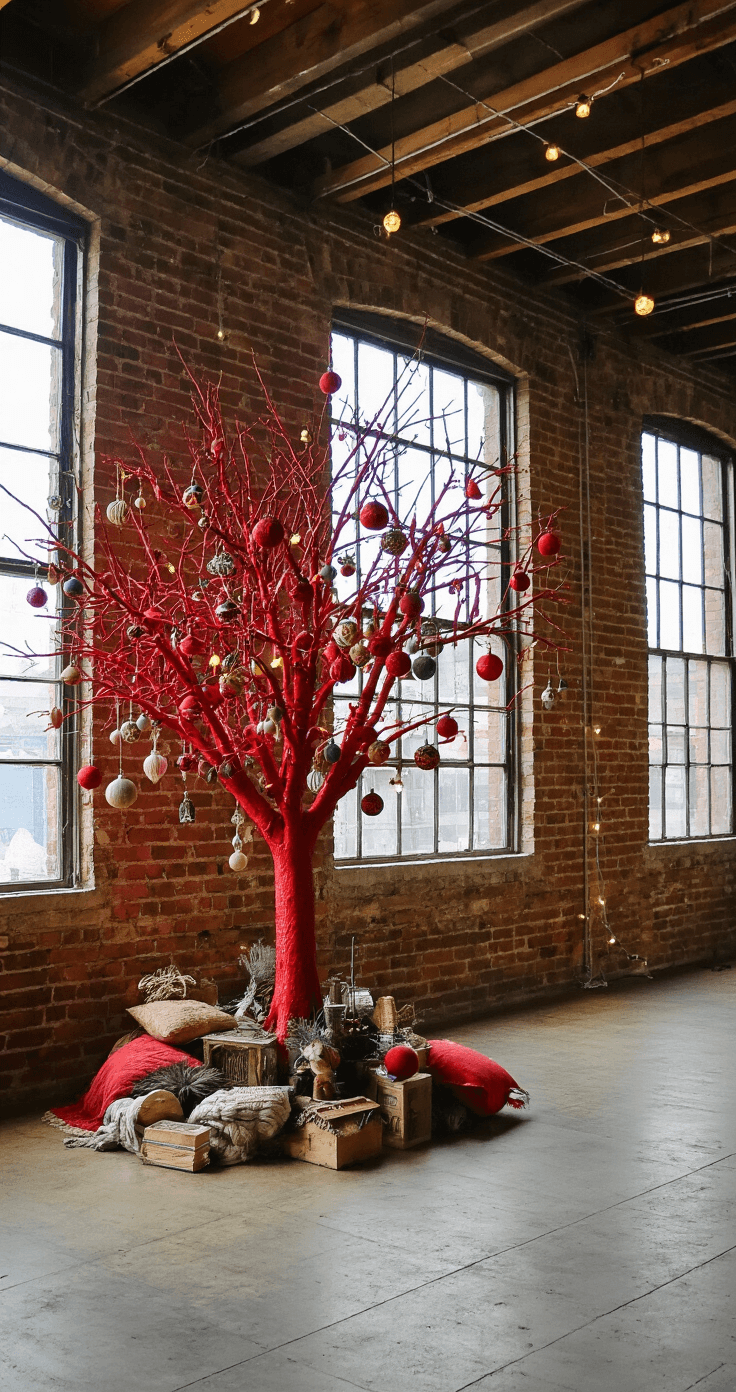 A cozy Bohemian loft featuring exposed brick walls and industrial windows, illuminated by midday diffused light. An eclectic 7.5ft Christmas tree adorned with unconventional red elements, vintage baubles, fabric ornaments, and artisanal decorations stands prominently, with string lights adding a whimsical touch amidst foreground elements for a layered composition.