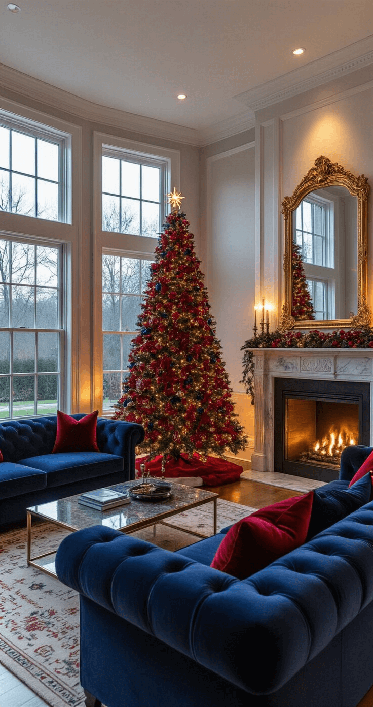 A cozy living room featuring a 9ft Christmas tree with navy and crimson decorations in a corner, illuminated by uplighting. A luxurious navy velvet sofa with red silk pillows faces the tree, while an ornate gold mirror above a marble fireplace reflects the warm ambient lighting. The room is styled in modern luxe with traditional elements, captured in a wide angle from the opposite corner.