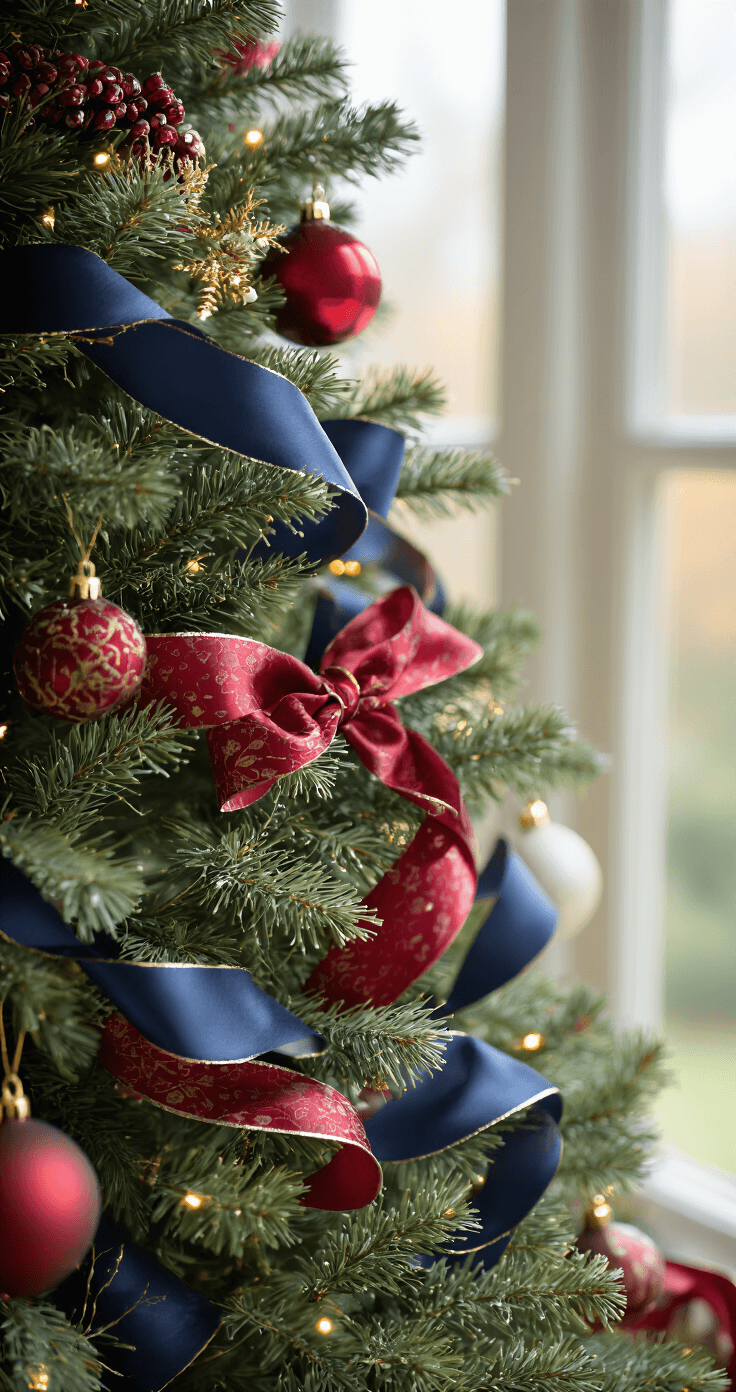 Close-up detail of navy silk and metallic red dupioni ribbons cascading through a Christmas tree, with soft window light highlighting their textures and a blurred background of ornaments.