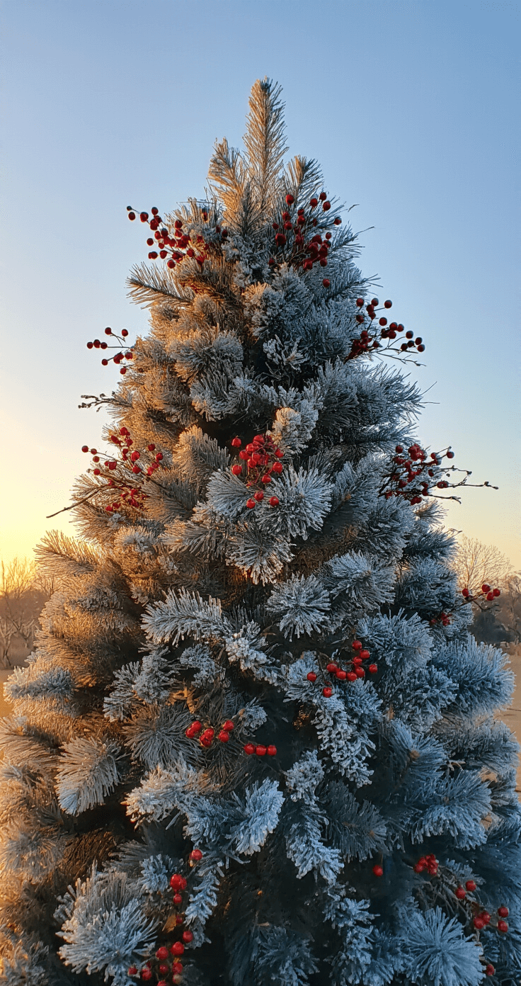 A close-up of a beautifully arranged corner setting featuring a 9ft tree adorned with frosted blue sprays, red berry picks, and silver-dusted pine stems, captured during golden hour with warm backlighting that enhances its dimensional layers. A low-angle perspective emphasizes the tree's height and majesty, shot at f/5.6 to maintain depth of field.