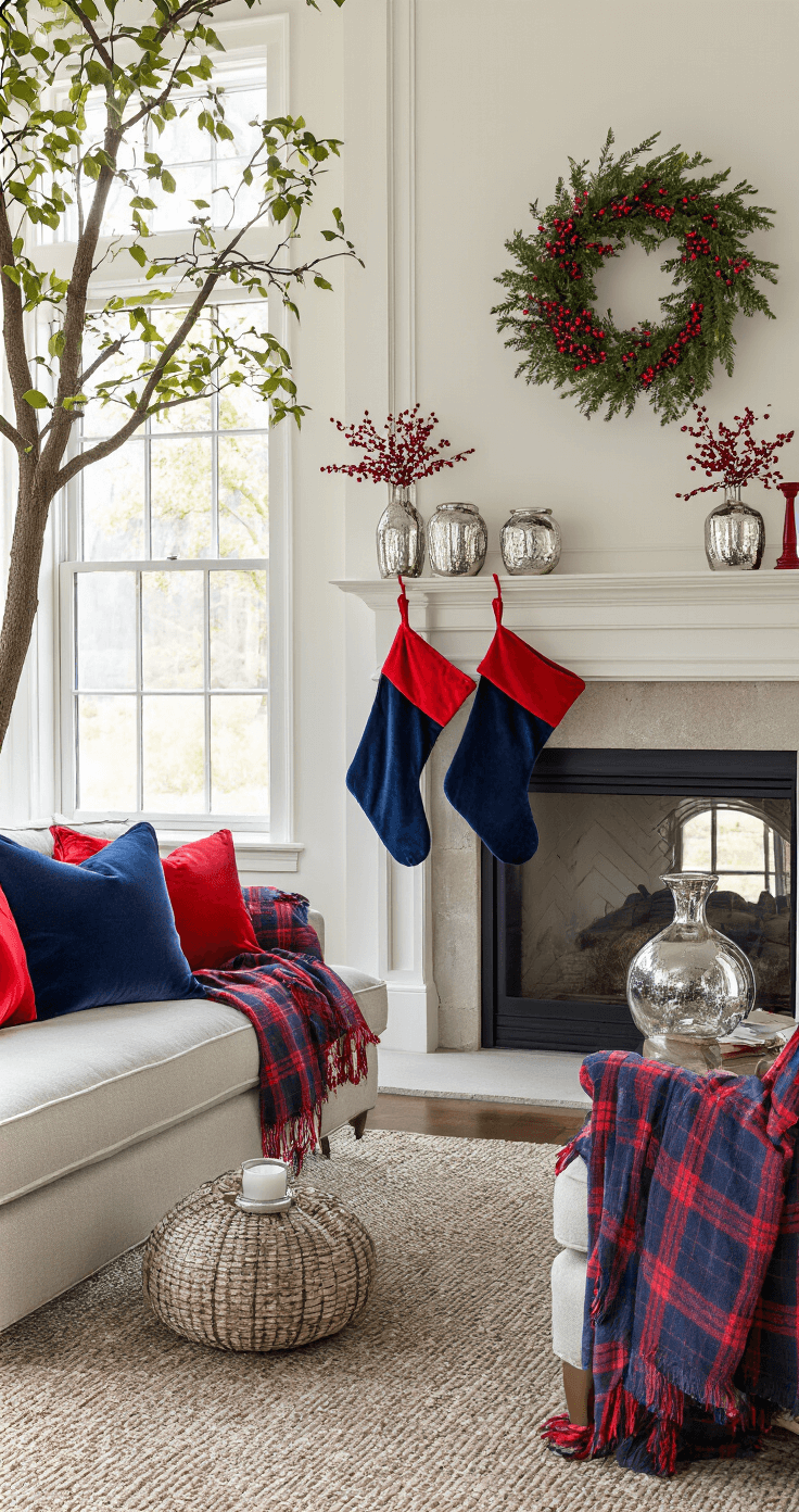 A wide shot of a living room featuring a cohesive red and blue theme, with navy velvet stockings with red trim on a limestone mantel, blue and red plaid throw blankets, and mercury glass vases filled with red berries, illuminated by early morning light streaming through the windows.
