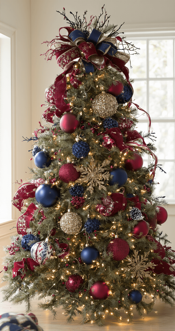 A detailed view of a richly decorated tree featuring oversized navy and crimson ornaments, thick ribbons, metallic picks, and warm twinkling lights, captured at a 45-degree angle to emphasize depth and texture.
