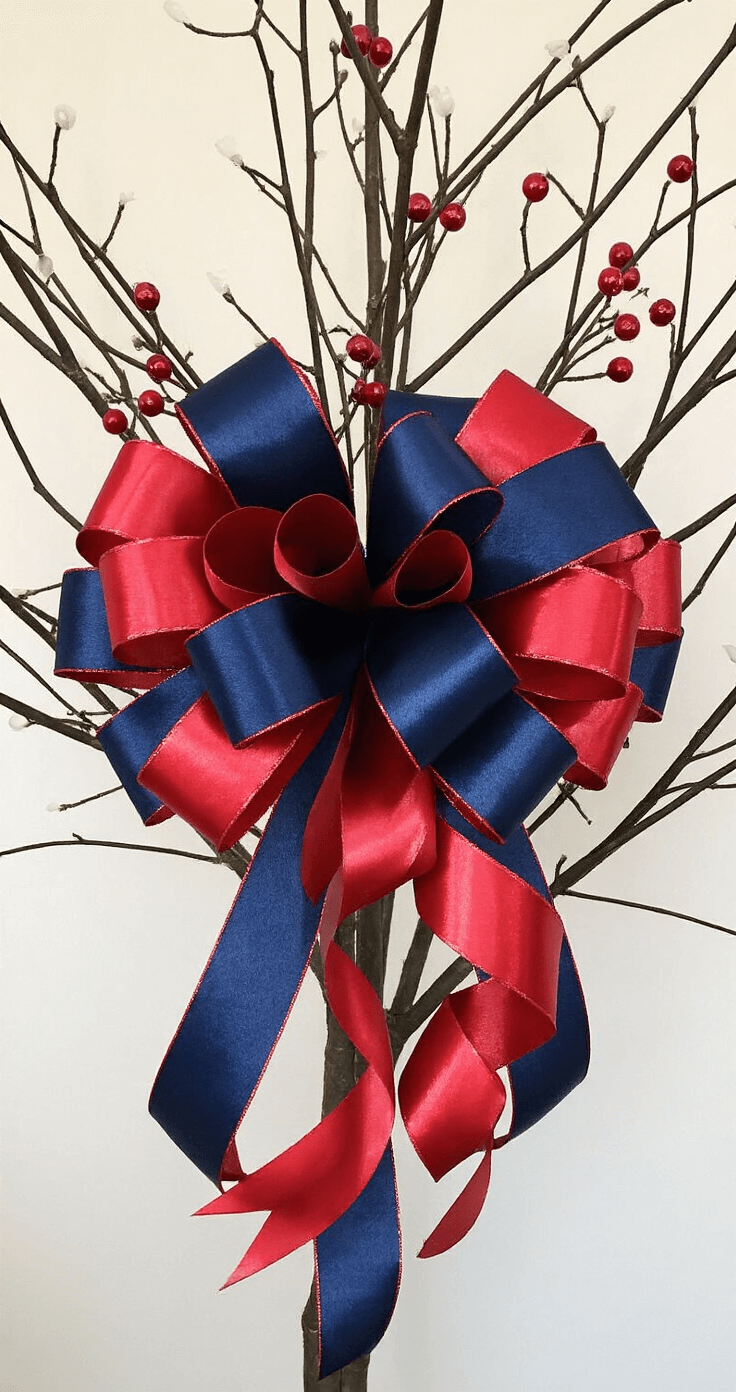 A close-up view of a tree top vignette featuring an oversized handcrafted bow made of navy silk and red metallic ribbons, cascading down the upper branches. The image, shot from below with a shallow depth of field, highlights the dimensional loops of the bow against an evening backdrop that accentuates the ribbon's texture and shine.
