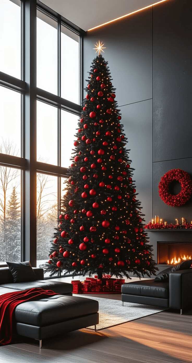 A spacious modern living room featuring a majestic 8-foot black Christmas tree adorned with glossy red ornaments and black velvet ribbons, set against a charcoal wall, with natural light streaming in through floor-to-ceiling windows during golden hour.