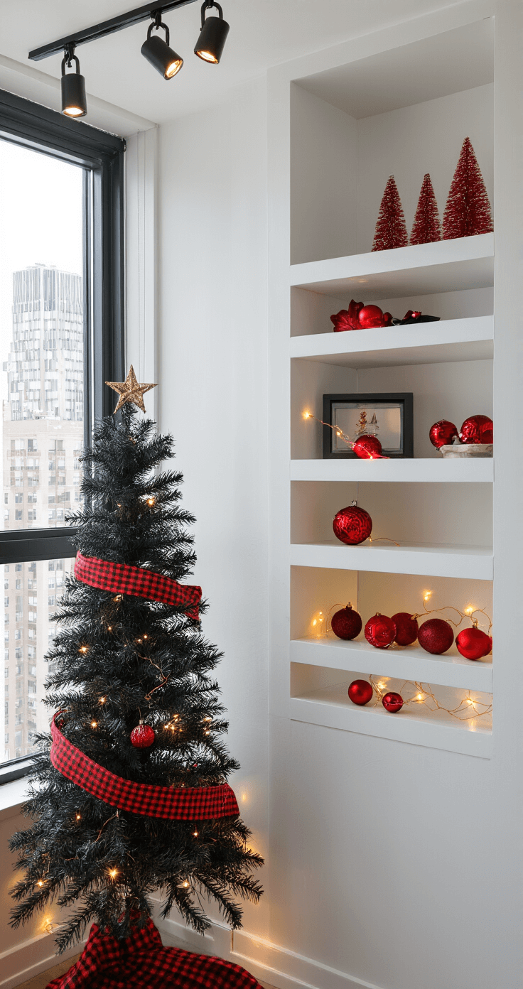 A cozy urban apartment corner features a 4-foot black tabletop tree adorned with miniature red ornaments and draped in black-and-red plaid ribbon, illuminated by overhead track lighting and city light from a nearby window, with contemporary white floating shelves in the background.