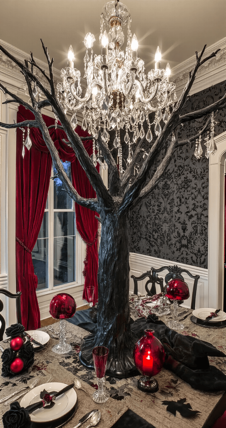 A dramatic gothic-inspired dining room featuring a 7-foot black tree, Victorian architectural details, a crystal chandelier, and black damask wallpaper, accented with burgundy silk ribbons and black roses, framed by heavy red velvet curtains.
