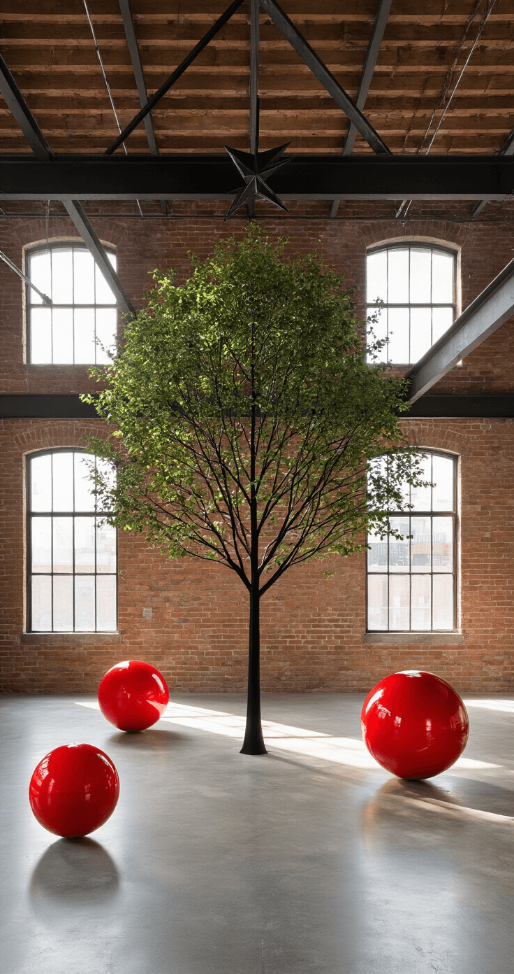 Minimalist loft gallery featuring a 6-foot black tree centered in a 25x40 industrial space with exposed brick and steel beams, illuminated by afternoon light. Large red spheres in matte and gloss finish float at varying heights, with a black metal star atop the tree. The polished concrete floor reflects the tree's silhouette, enhancing the geometric patterns and clean lines of the space.