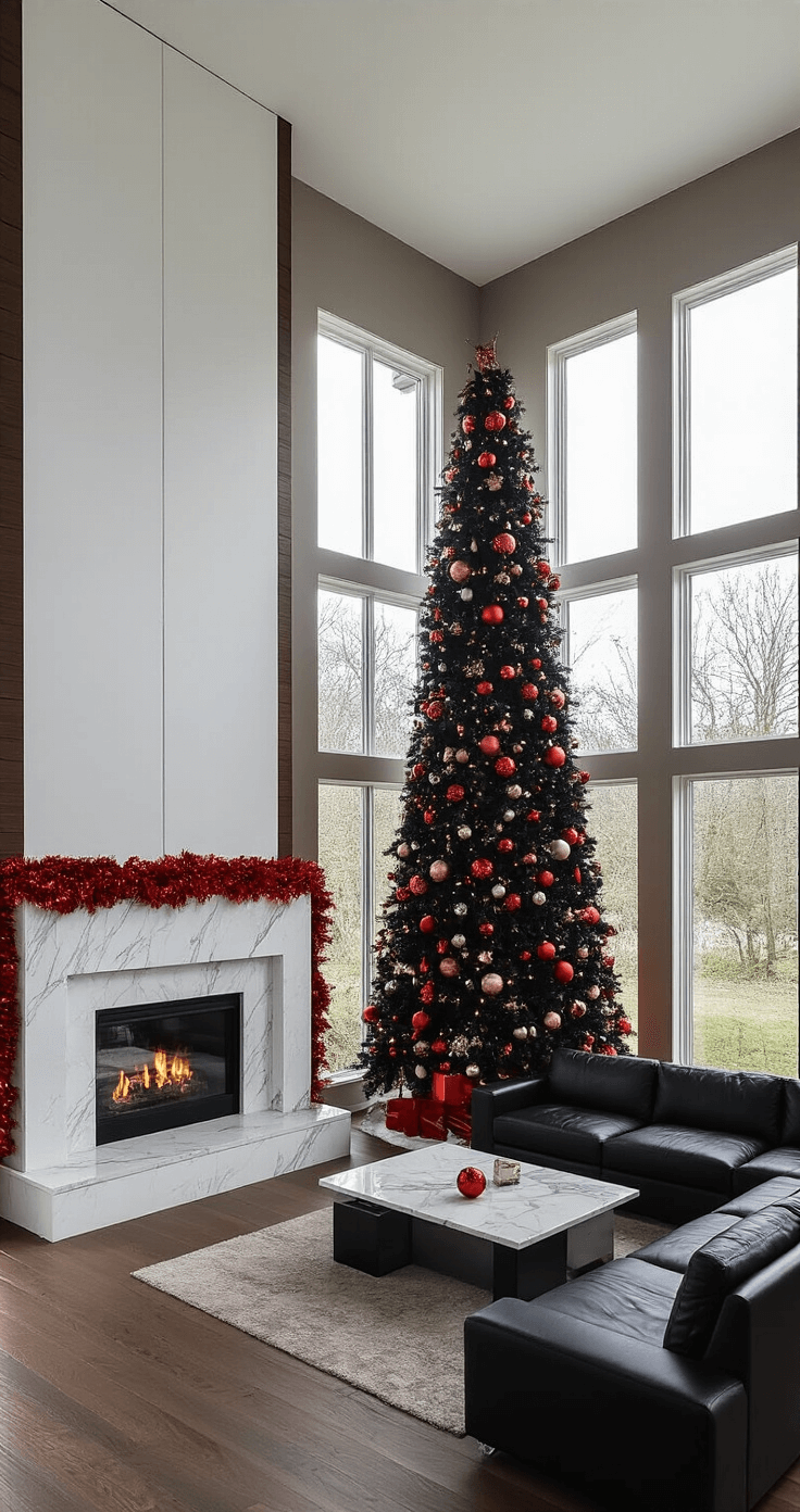 A contemporary great room featuring a 9-foot slim black Christmas tree adorned with mixed metallic red and copper ornaments, positioned in a corner with two-story windows. A black leather sectional and white marble fireplace complement the scene, while red tinsel subtly captures movement. The image is shot with a tilt-shift lens, enhancing vertical lines and creating a miniature effect.