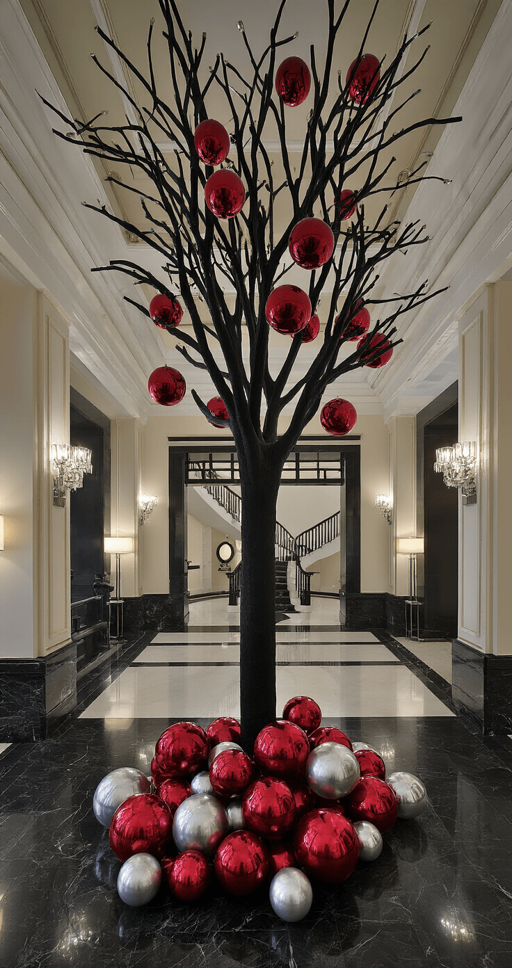 A luxury hotel lobby featuring a 10-foot black tree surrounded by Art Deco details, illuminated by evening lighting from crystal sconces. Oversized red baubles in cherry and crimson tones cascade elegantly. The black marble floor reflects the tree's silhouette, while silver accents add sparkle. The image is captured from a grand staircase with a wide-angle perspective.