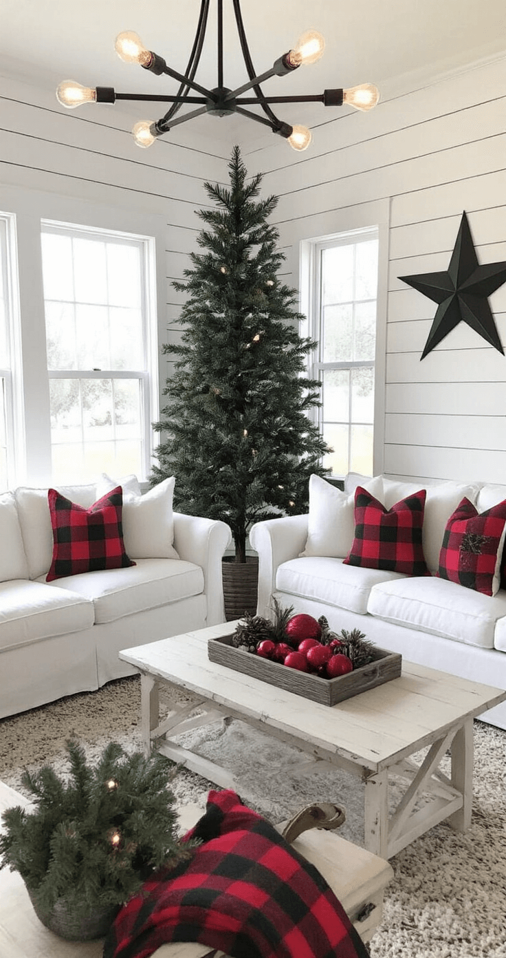 A cozy modern farmhouse great room featuring a 7.5-foot black Christmas tree with red plaid ribbons and matte crimson ornaments, set against a shiplap accent wall. A vintage Edison bulb chandelier illuminates the space, complemented by a black metal star topper. White furniture contrasts beautifully, all captured during the blue hour for a warm, inviting ambiance.