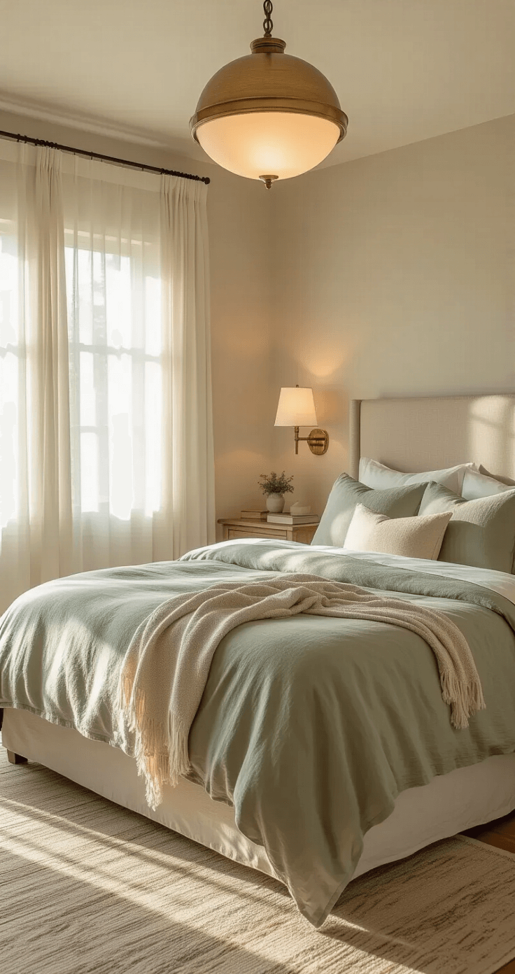 A cozy master bedroom bathed in warm golden hour light, featuring a king-size bed with layered sage and cream linen bedding, sheer white curtains, and ambient lighting from a brass ceiling fixture and bedside sconces, all captured from bed-height.