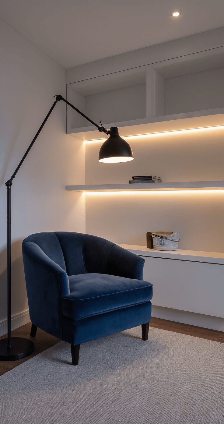 A cozy minimalist reading nook in a 12x12ft bedroom, featuring a modern floor lamp and a plush deep navy velvet chair, illuminated by ambient ceiling lights and LED strips on floating shelves at dusk.