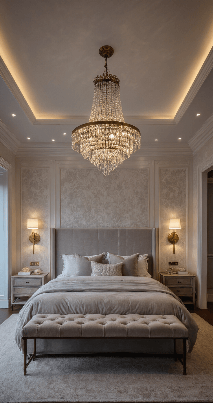 Wide-angle view of a luxurious 16x18ft primary bedroom at twilight, featuring a central crystal chandelier, recessed lights on a dimming system, antique brass wall sconces beside a pearl grey velvet upholstered headboard, and LED strips concealed in crown molding illuminating textured wallpaper.