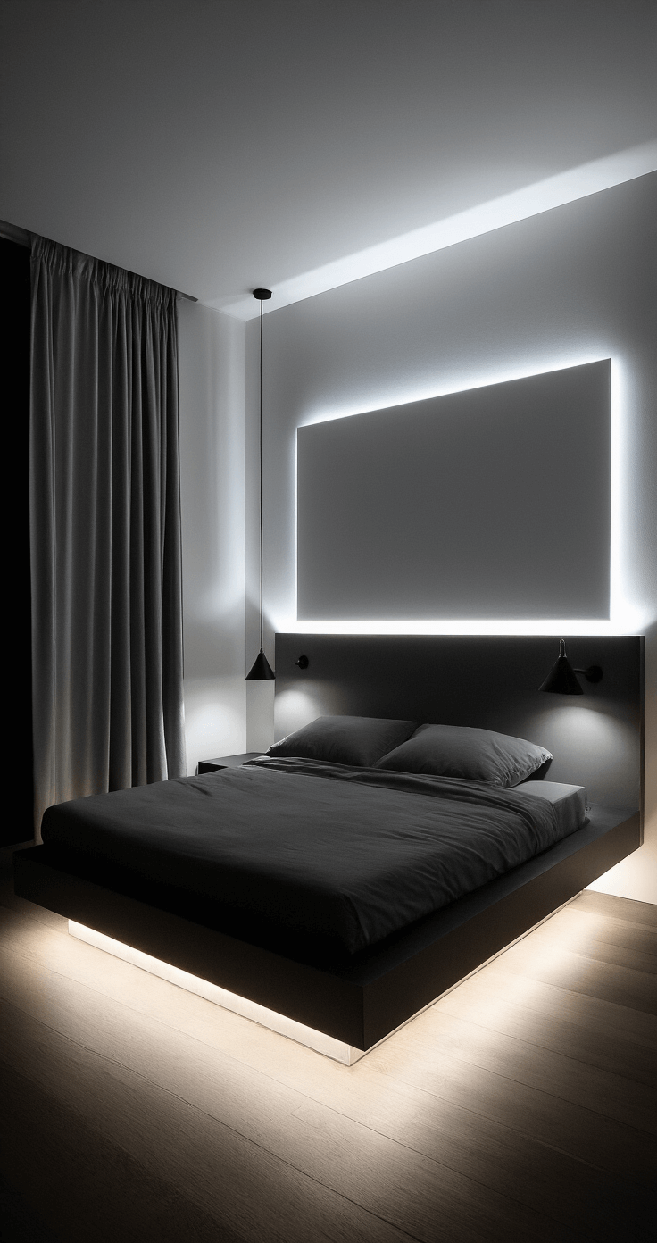 Low-angle view of a contemporary bedroom featuring a floating LED light panel as a headboard, minimal black metal bedside lights, and glowing strip lighting under nightstands, creating a moody, modern atmosphere at night.
