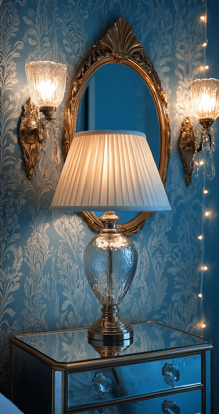 Detail shot of a vintage glamour boudoir corner featuring a mercury glass table lamp on a mirrored nightstand, art deco wall sconces casting romantic patterns, and string lights framing an ornate mirror, all captured during blue hour with a shallow depth of field.