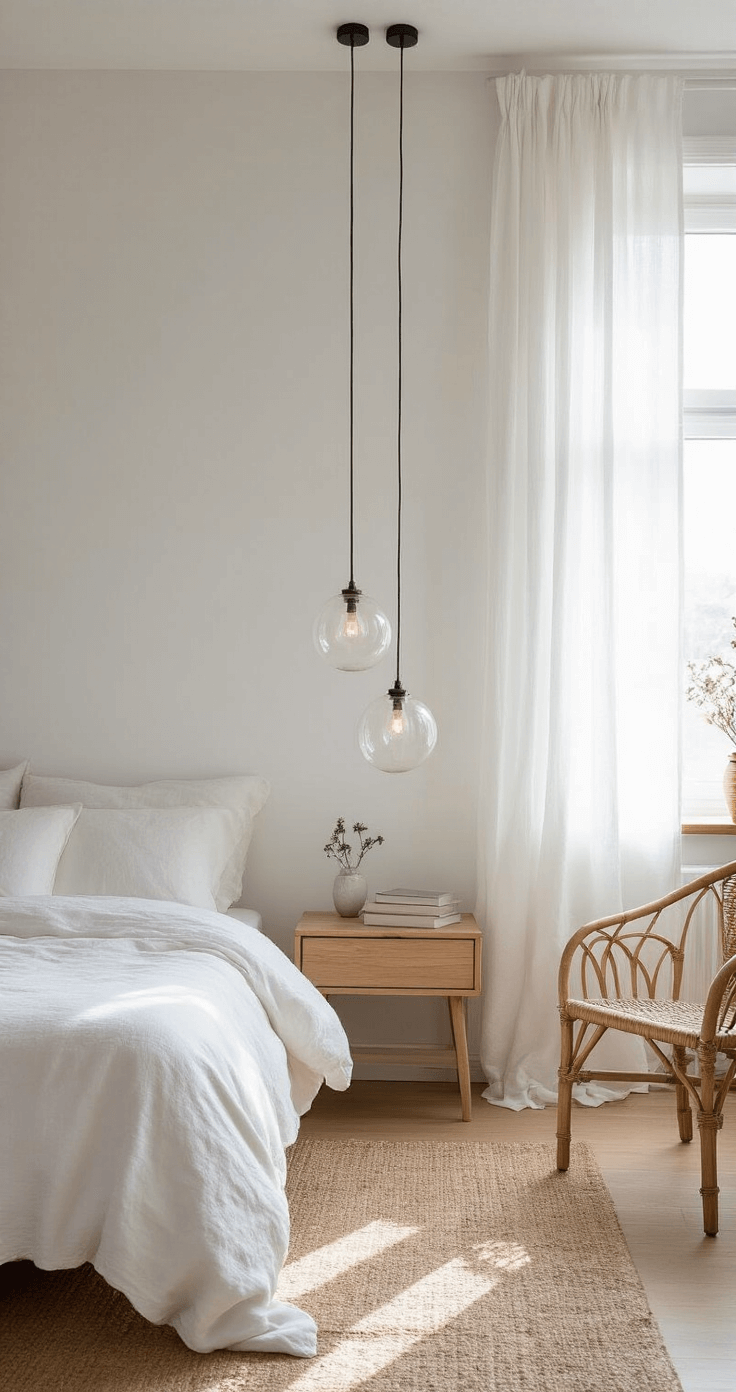 A bright Scandinavian-style bedroom featuring white linen curtains, minimal pendant lights, and a rattan floor lamp, creating an airy and serene atmosphere with natural materials and subtle warm accents.