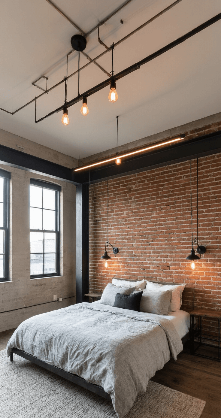 A cozy industrial loft bedroom at sunset featuring exposed conduit lighting with Edison bulbs, black metal sconces, and a warm brick accent wall, captured from a low angle to highlight the ceiling height and architectural details.