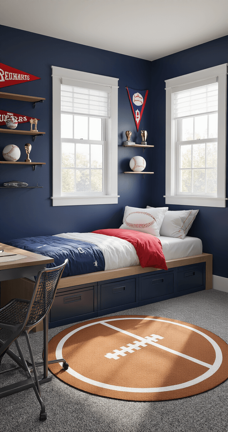 A cozy sports-themed bedroom with navy blue walls adorned with vintage baseball pennants, featuring a twin platform bed with red and white bedding, custom locker-style shelving for memorabilia, and a study nook, illuminated by warm late afternoon sunlight.