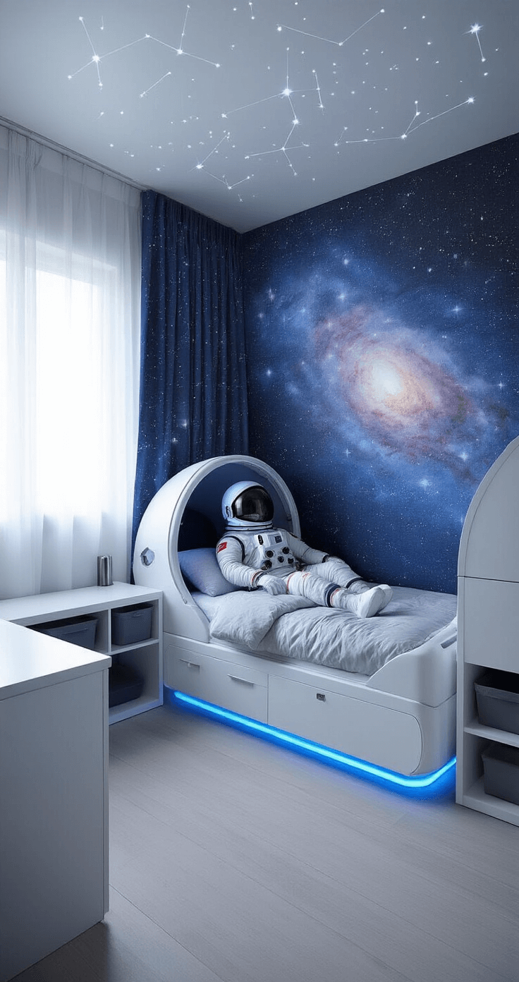 A futuristic space explorer's room featuring a floating astronaut-themed bed with LED underglow, sleek white and chrome furniture, and a hand-painted galaxy mural. Pre-dawn blue light filters through constellation-patterned blackout curtains, while a fiber optic star ceiling and metallic grey walls enhance the ethereal atmosphere. Modular cubic shelving in matte black completes the modern design.