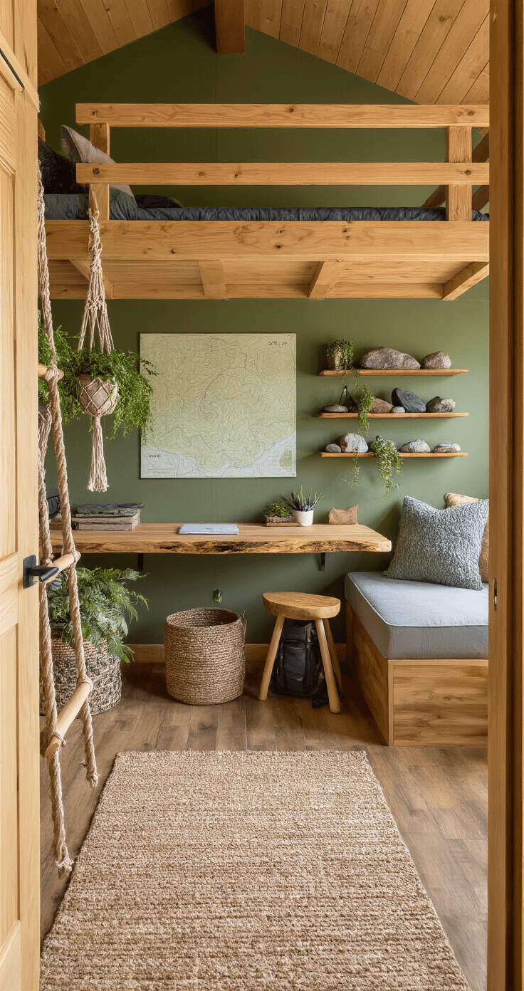 A cozy teen retreat with a forest green accent wall featuring a topographic map design, a sustainable wooden loft bed with a live-edge desk beneath, macramé plant hangers with trailing plants, and reclaimed wood floating shelves displaying rocks and outdoor gear, all bathed in golden hour lighting.