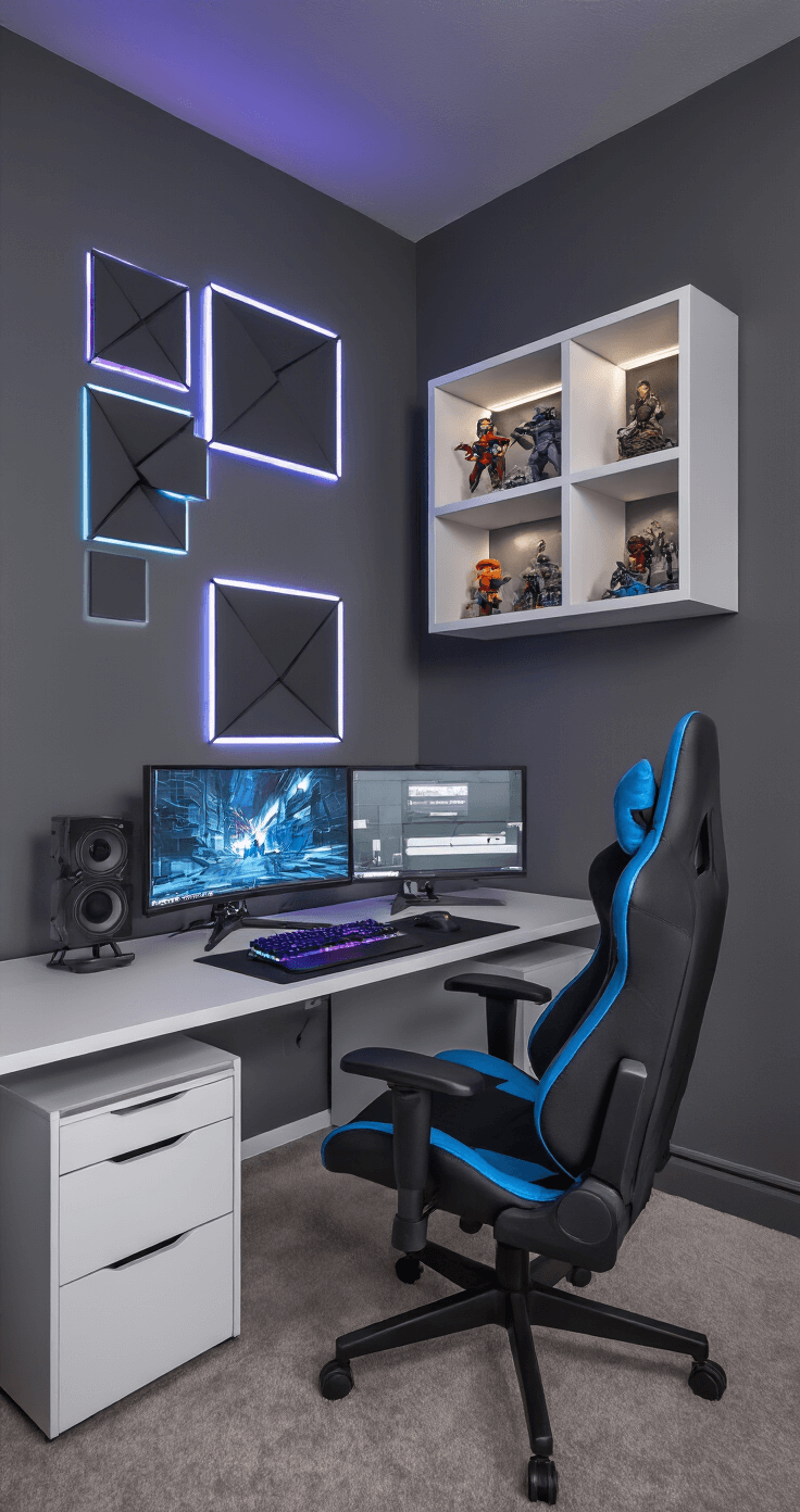 Contemporary minimalist gaming room featuring charcoal grey walls and RGB ambient lighting, with a floating desk, ergonomic black and electric blue gaming chair, and modular shelving for collectibles, all captured in a balanced 35mm shot.