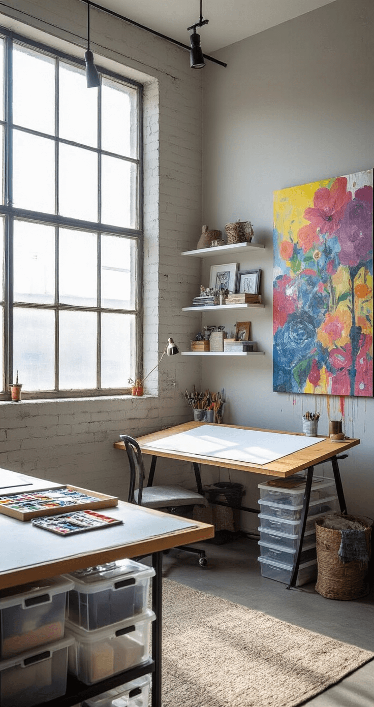 Creative artist's sanctuary featuring a drafting table and organized art supplies, illuminated by mid-morning light through industrial windows, with a paint-splash accent wall and floating shelves displaying artwork.
