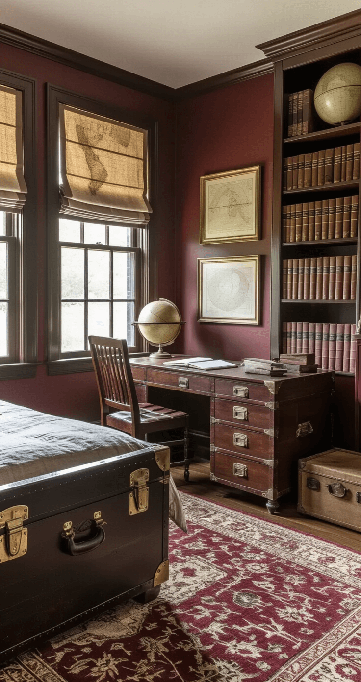 A cozy vintage explorer's den with dark wood furniture, a campaign-style desk, a trunk bed, and walls in rich burgundy with gold accents, illuminated by afternoon light filtering through sepia-toned shades. Antique maps, scientific illustrations in brass frames, and a collection of globes adorn the shelves, while a traditional Persian rug covers the hardwood floor.