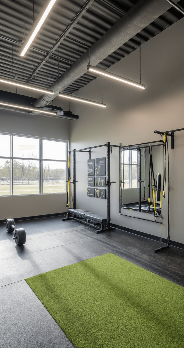 A modern athletic training room featuring a Murphy bed system, resistance bands, and a mirror wall, illuminated by morning light from floor-to-ceiling windows. The space includes industrial metal storage for sports equipment, motivational graphics, a performance tracking board, and a recovery station, all designed for a clean, energizing atmosphere.
