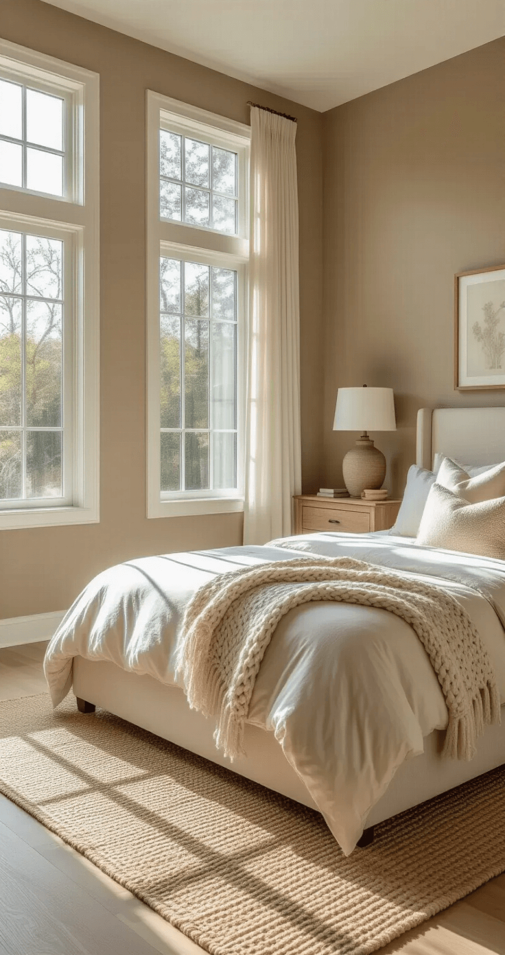 A serene primary bedroom featuring a king-size bed dressed in ivory linens, warm taupe walls, and natural oak nightstands with ceramic lamps, illuminated by morning light through floor-to-ceiling windows, anchored by a jute area rug.