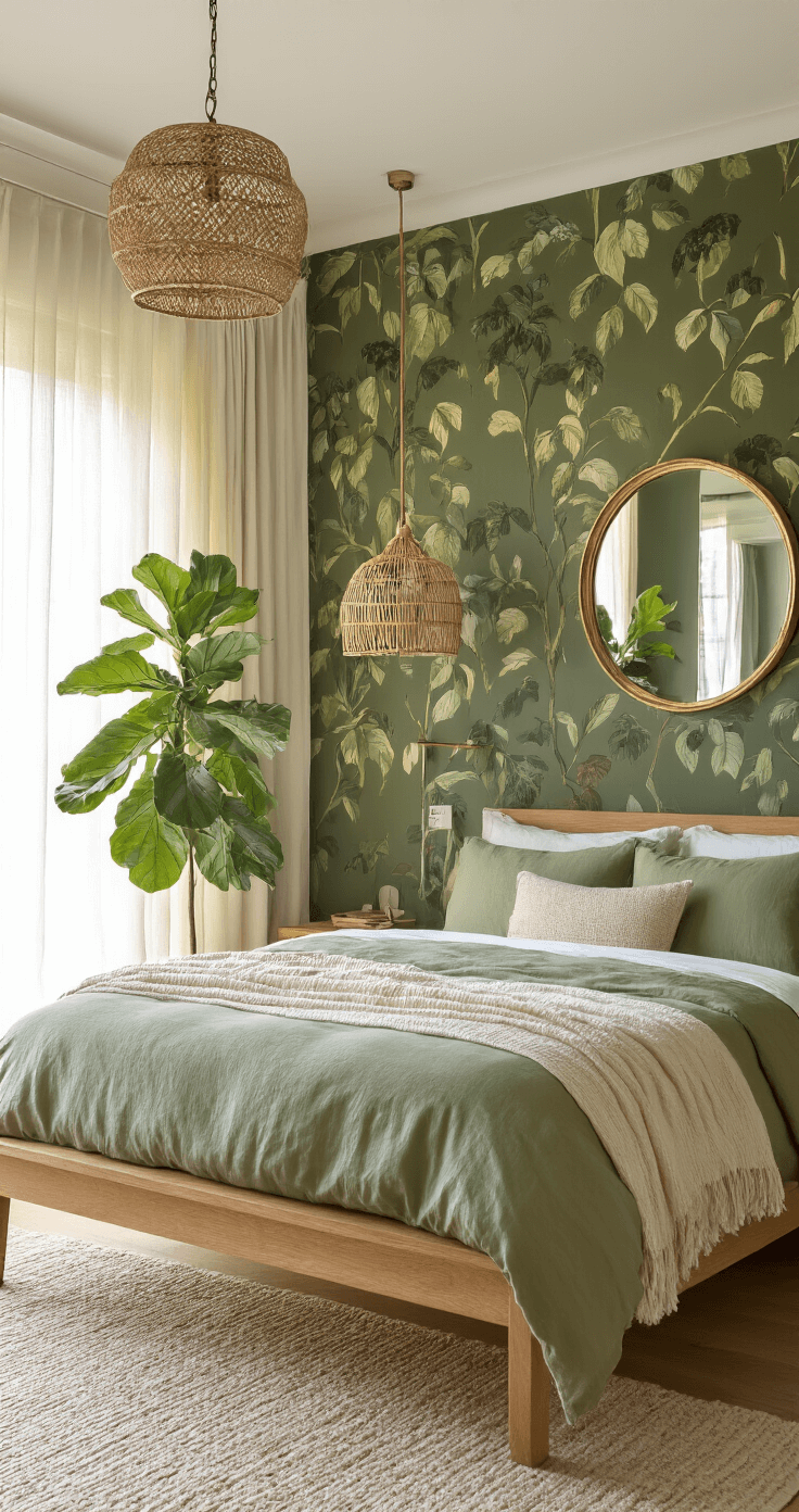 Spacious bedroom featuring a deep olive green botanical accent wall, natural teak platform bed with sage and cream bedding, a fiddle leaf fig tree, rattan pendant light, and a vintage brass mirror, all bathed in golden afternoon light.