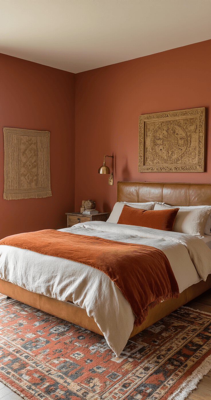 Cozy 12x14ft bedroom with rich terracotta walls and golden hour lighting, featuring a queen bed with a leather headboard and layered rust-colored velvet and linen bedding, a vintage kilim rug, brass fixtures, and a carved wooden mirror, captured at a 45-degree angle in a modern bohemian style.