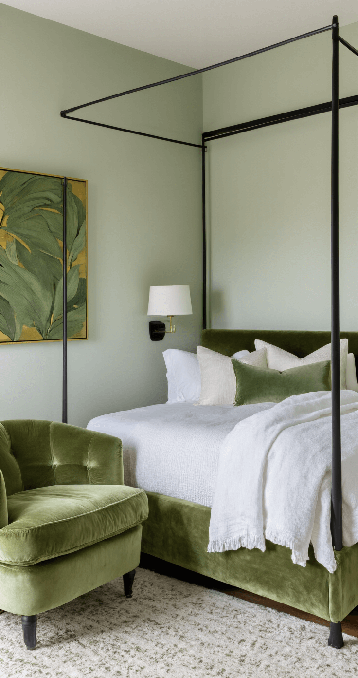 A corner bedroom featuring pale sage walls, a dramatic chartreuse velvet accent chair, a modern matte black canopy bed with white and sage linens, and oversized abstract art in greens and golds, illuminated by mid-morning light.