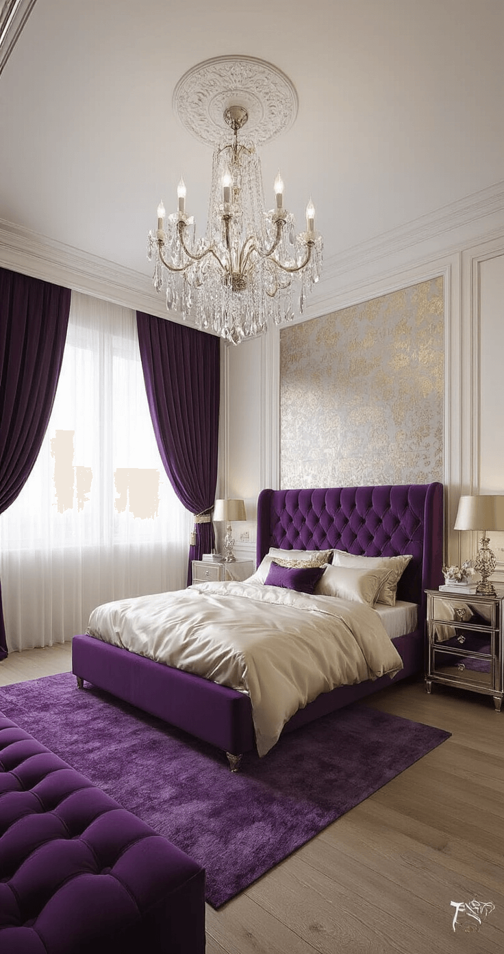 Luxurious bedroom featuring ivory walls and jewel-toned accents, with a crystal chandelier, an upholstered king bed in deep amethyst velvet, silk bedding in pearl and gold, mirrored nightstands, and a plush purple area rug, captured from a low angle to showcase the dramatic ceiling height.
