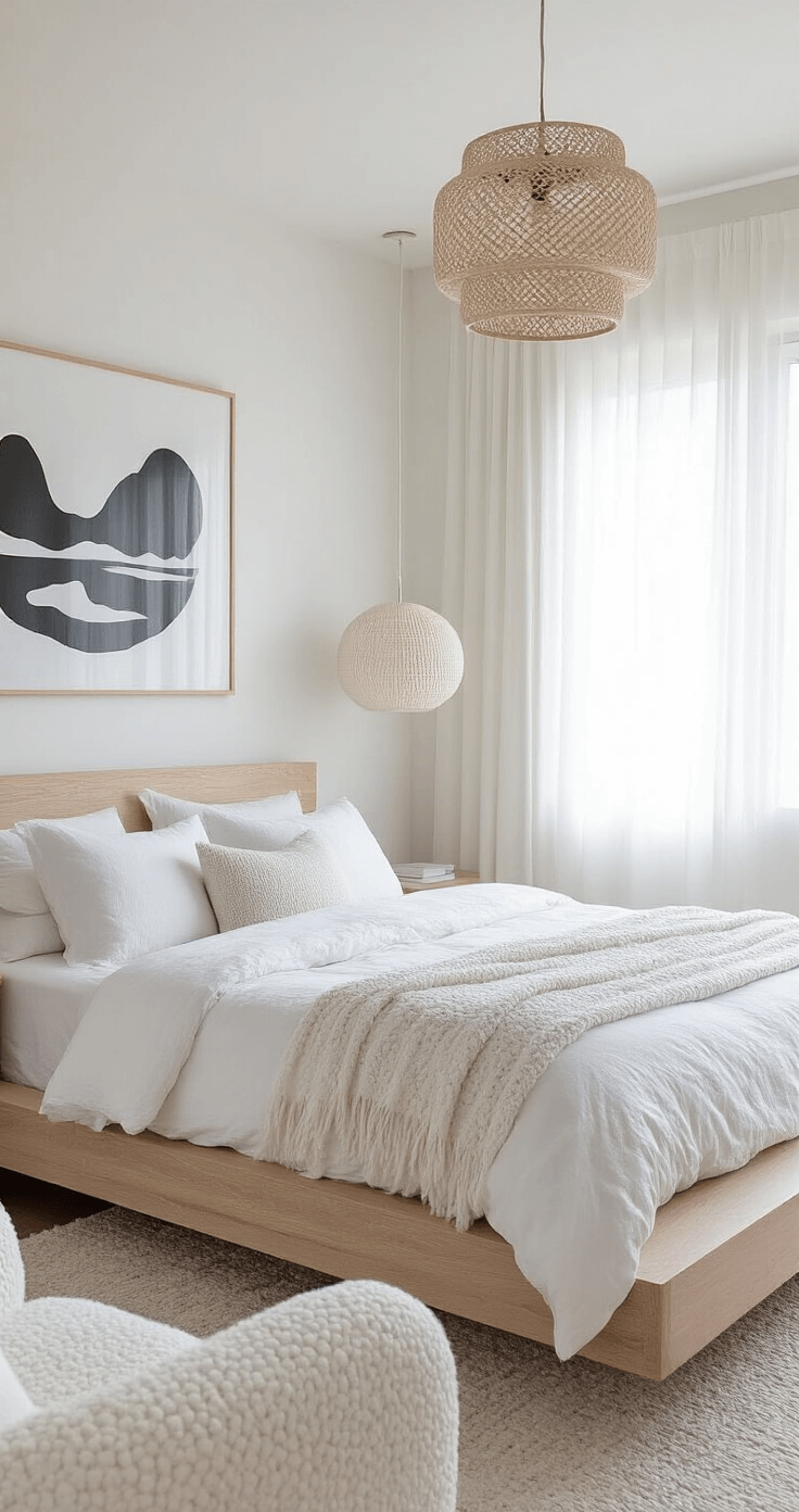 A wide shot of a minimalist bedroom featuring pure white walls, a bleached oak platform bed with tone-on-tone white bedding, a white bouclé chair, sculptural pendant light, and abstract black and white photography, all bathed in diffused afternoon light through translucent curtains.
