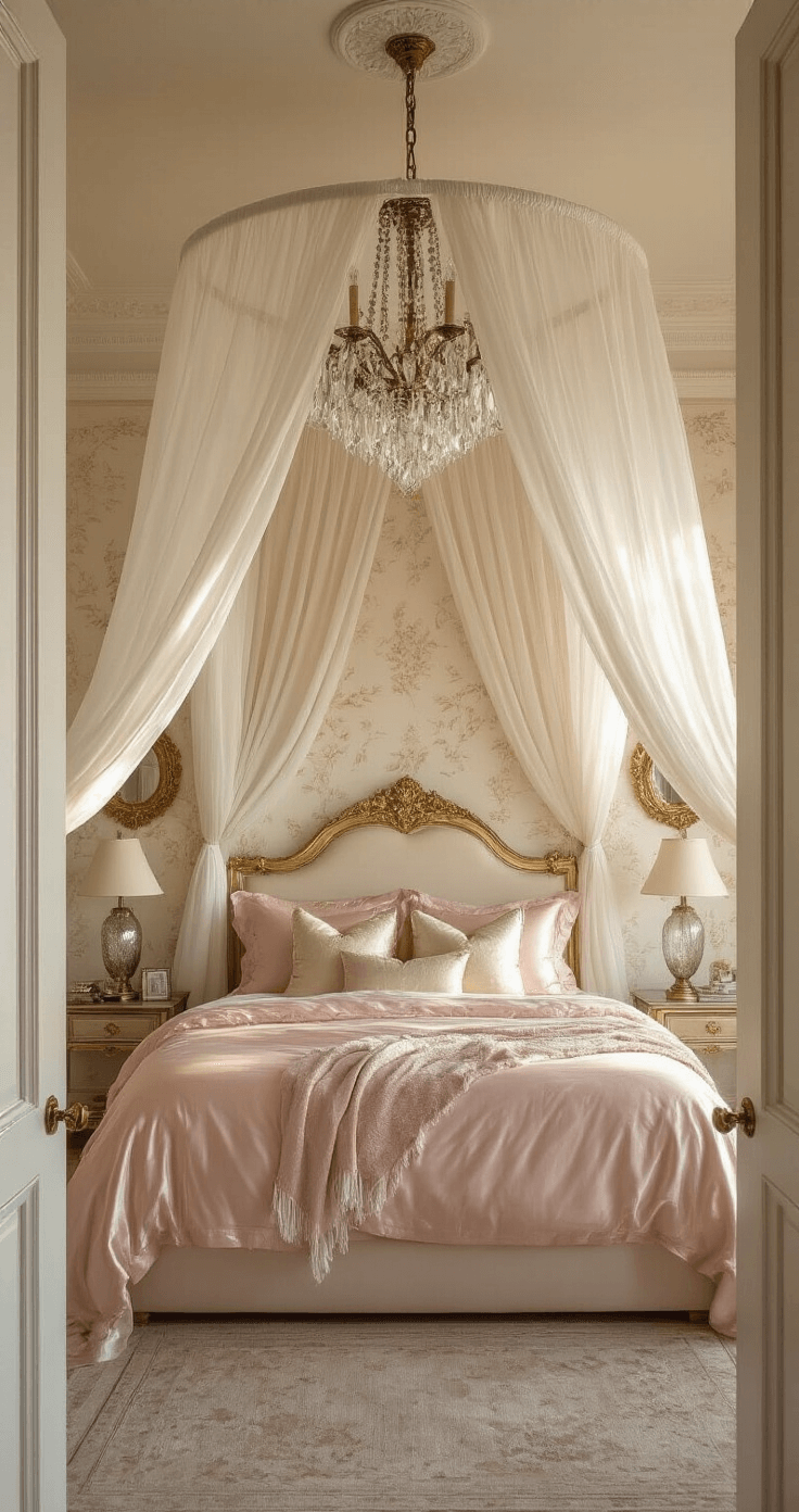Romantic Bedroom Design: Transform Your Space into a Dreamy Sanctuary of Love Luxurious master bedroom with a king-sized bed in blush silk sheets, illuminated by soft golden hour light filtering through sheer drapes, featuring a crystal chandelier and vintage mirrors.