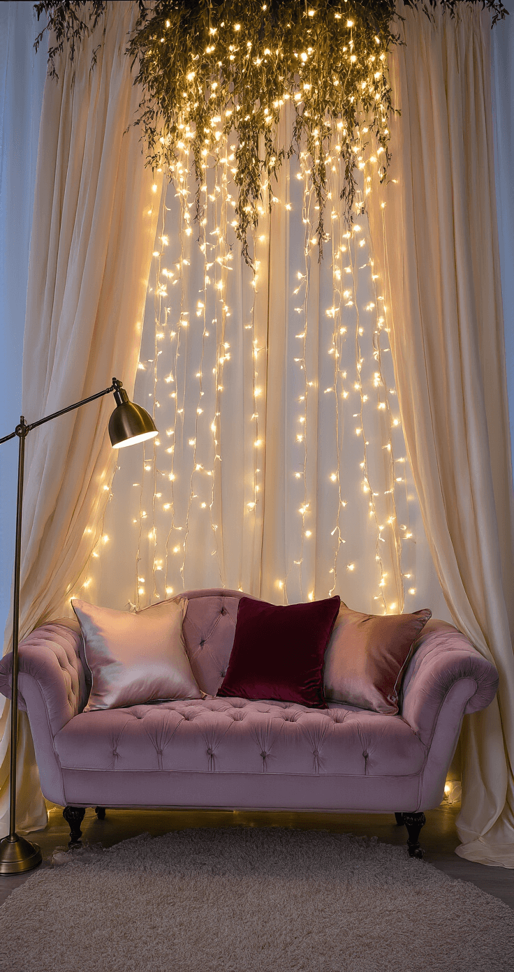 Romantic Bedroom Design: Transform Your Space into a Dreamy Sanctuary of Love Intimate boudoir corner featuring a tufted mauve velvet chaise, warm LED string lights, and an antique brass floor lamp, with sheer champagne curtains and silk throw pillows in burgundy and blush, captured in a low-angle shot at dusk.